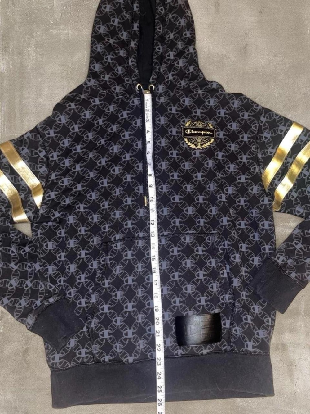 Champion Classic Fleece Black Gold All Over Logo Hoodie Men’s Medium - Picture 4 of 6